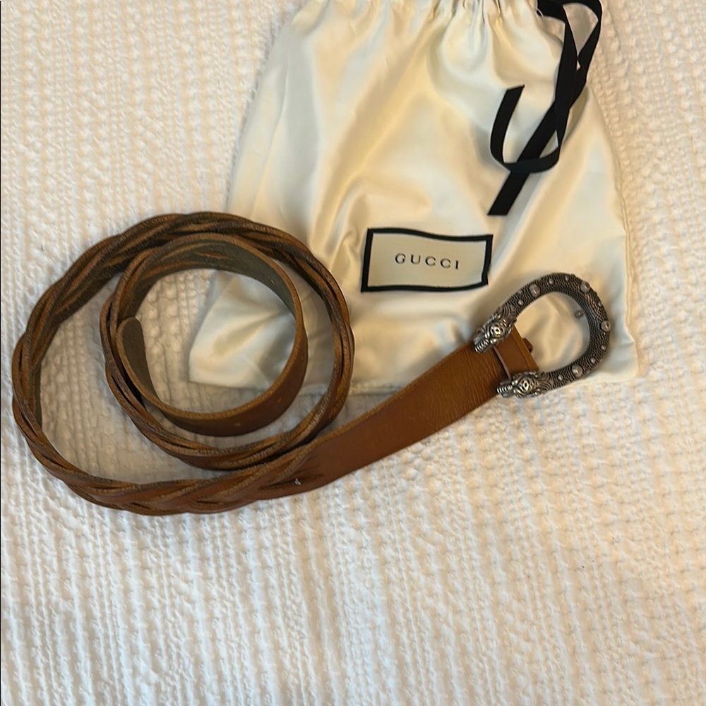 AUTHENTIC. Gucci Braided Brown Leather Belt with Silver Buckle